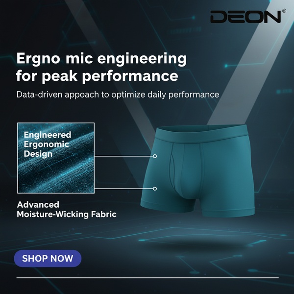 A technical-style ad creative for men's underwear that highlights specific fabric features and ergonomic design through a clear, benefit-driven layout.